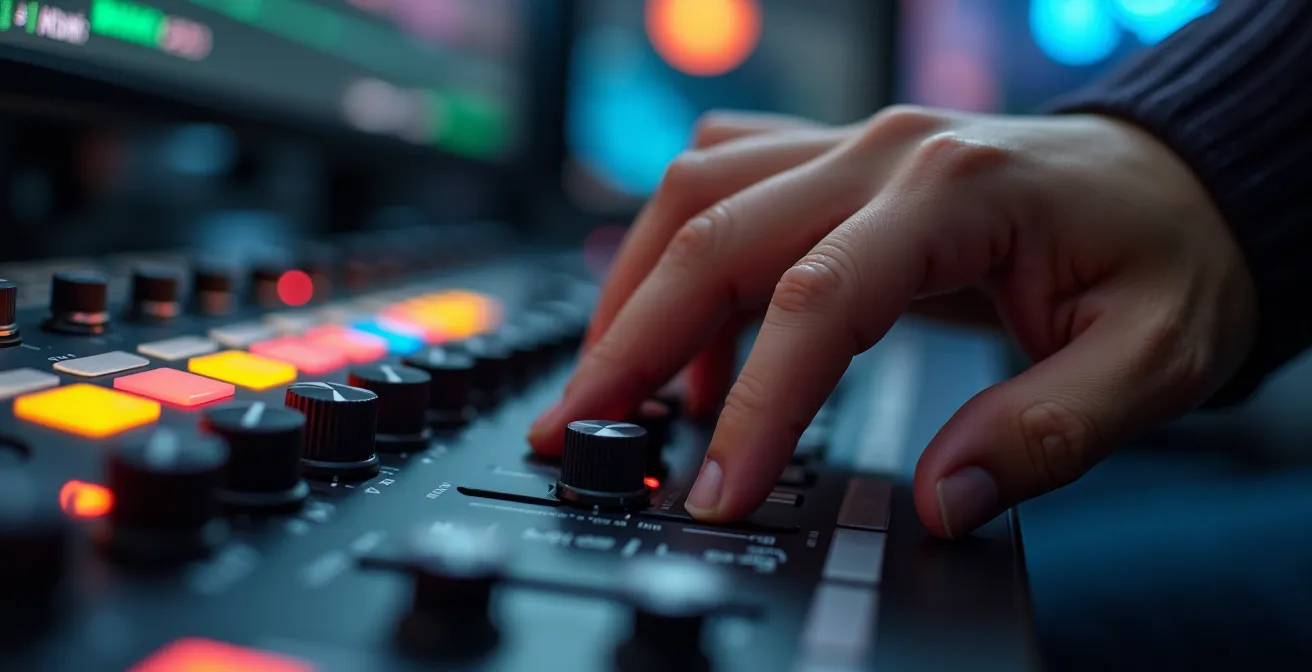 Técnico DIT trabajando con monitores de color en un set de rodaje profesional