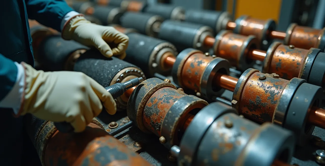 Técnico realizando mantenimiento de filtros de cavidad resonante en sala de transmisión