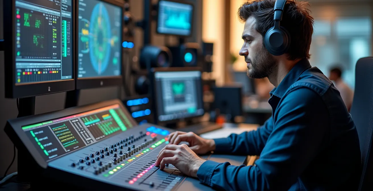 Profesional técnico trabajando con equipamiento de producción remota y tecnología IP en un estudio moderno