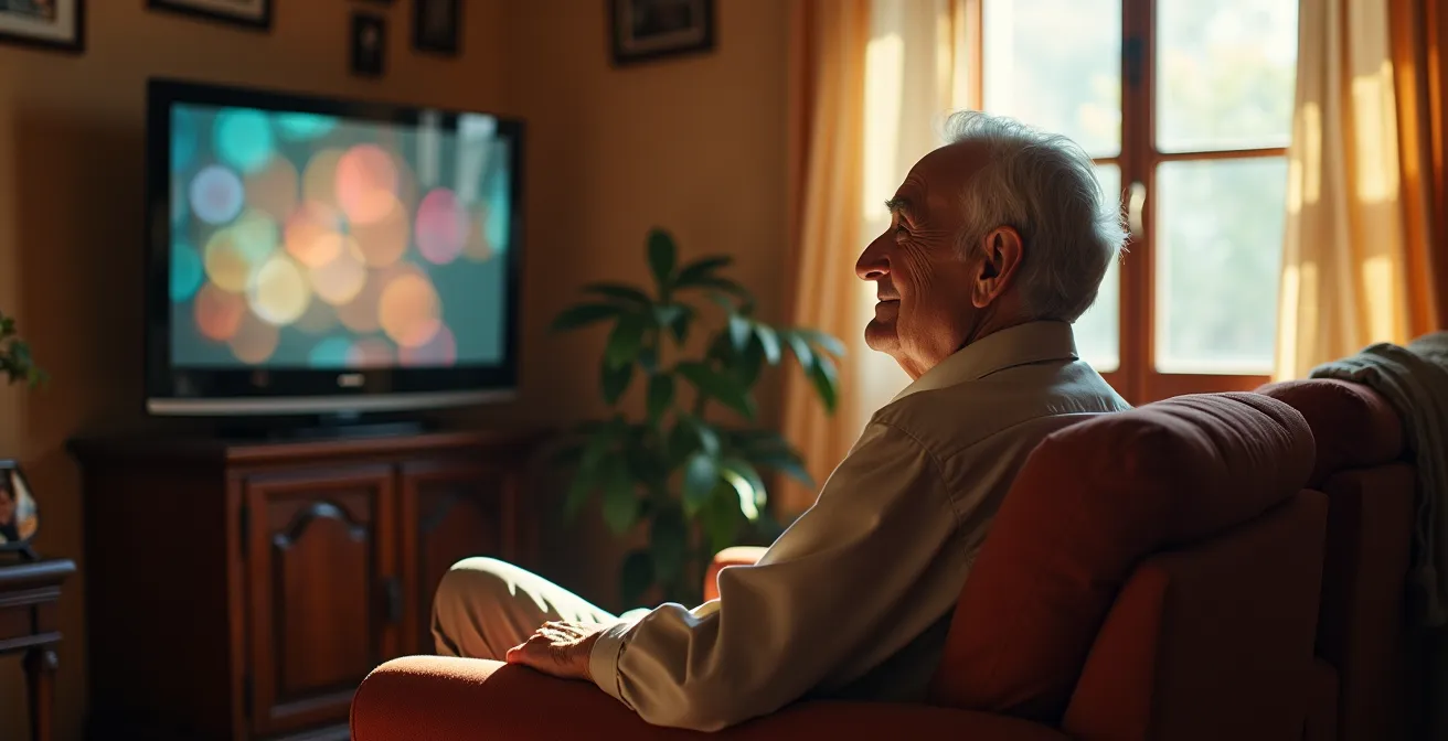 Persona mayor viendo televisión en salón acogedor con luz natural