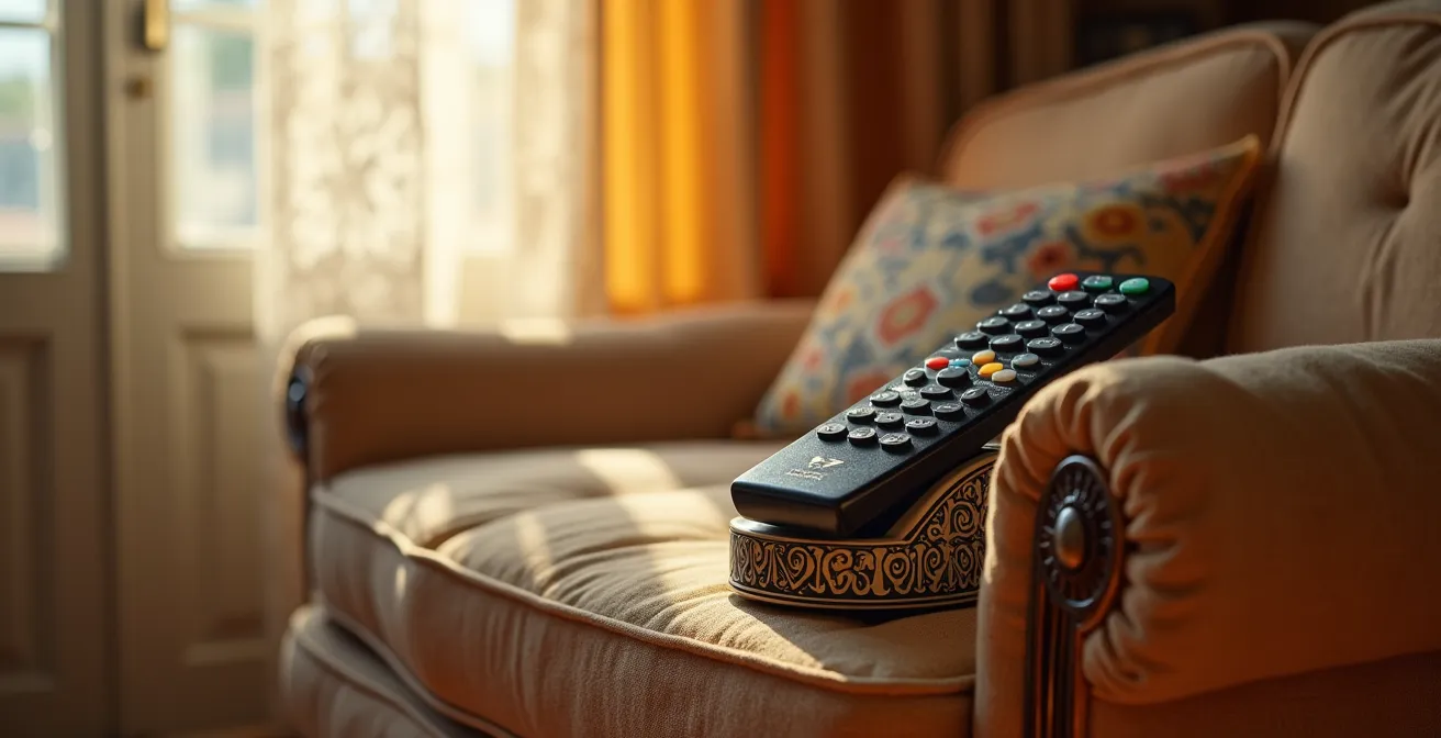 Salón tradicional español con televisor encendido durante la tarde, ambiente acogedor con elementos decorativos típicos
