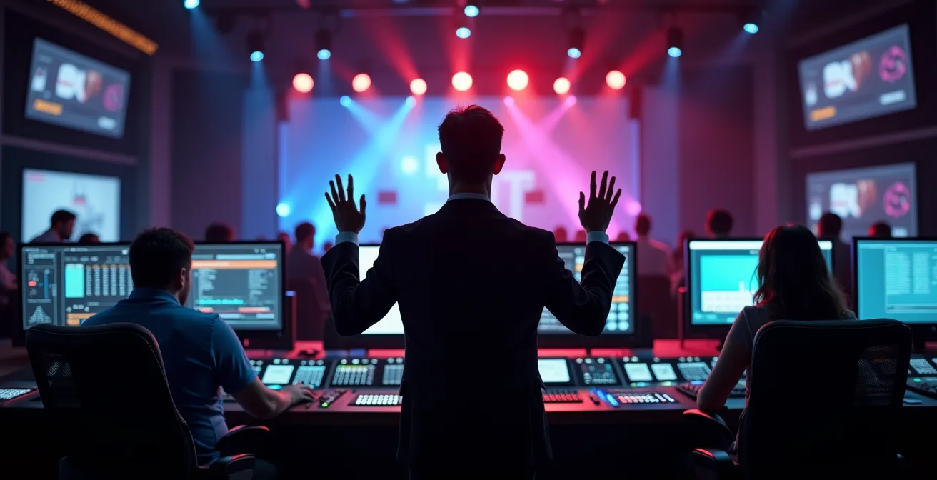 Sala de control de televisión con múltiples monitores mostrando diferentes ángulos y métricas de audiencia en tiempo real