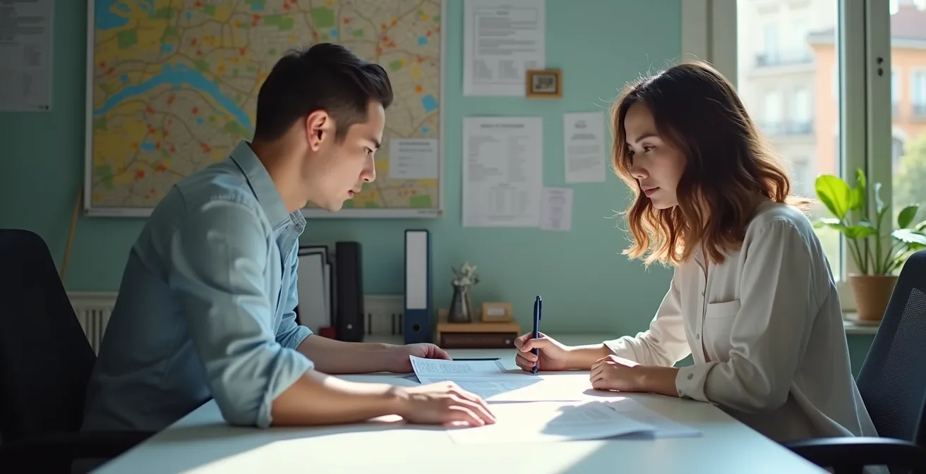 Oficina con profesionales revisando documentos de permisos de rodaje y mapas de localizaciones