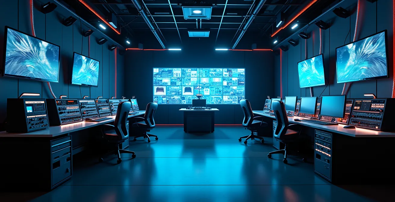 Sala de control moderna de televisión con múltiples pantallas mostrando gráficos abstractos