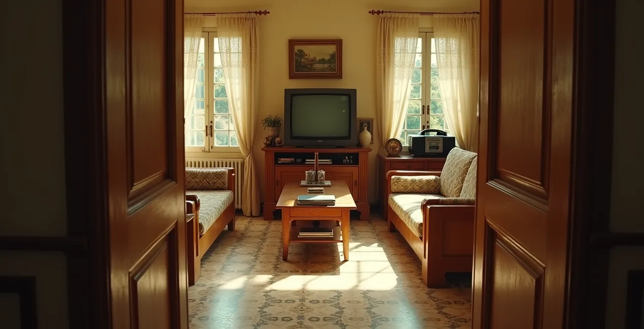 Recreación nostálgica de un salón español de los años 70 con elementos de época