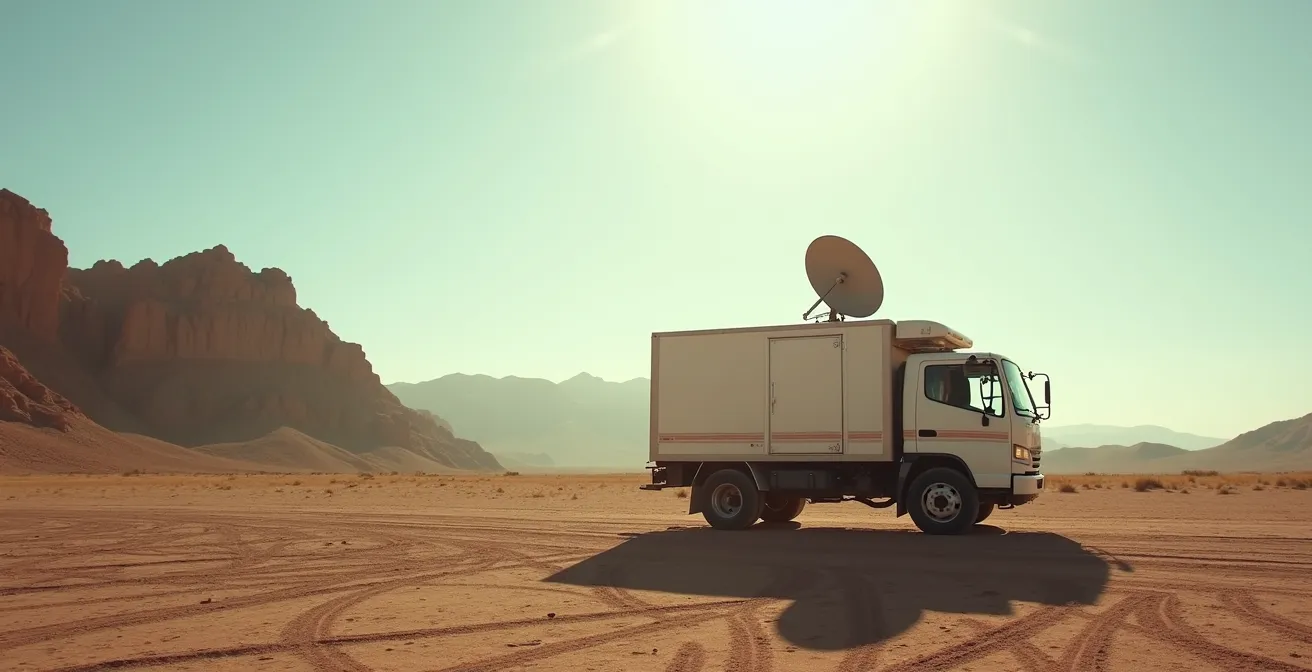 Unidad móvil de transmisión por satélite en locación rural española
