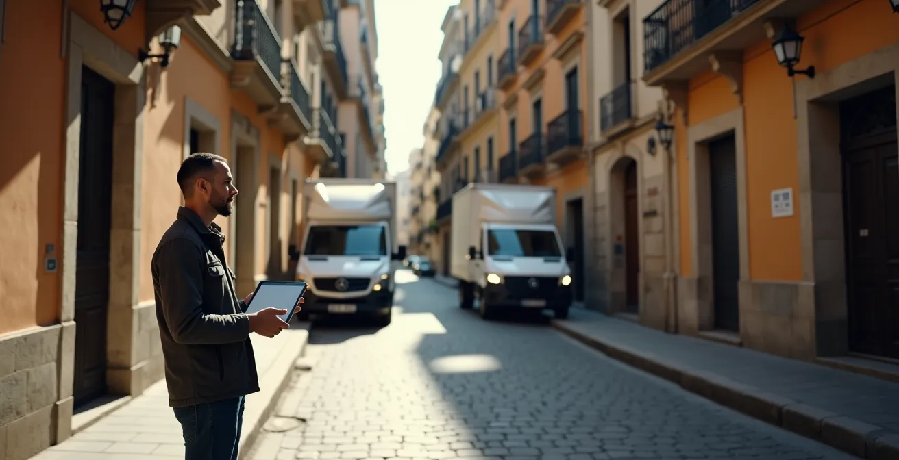 Vista aérea de una calle estrecha con equipo de producción evaluando el acceso para camiones
