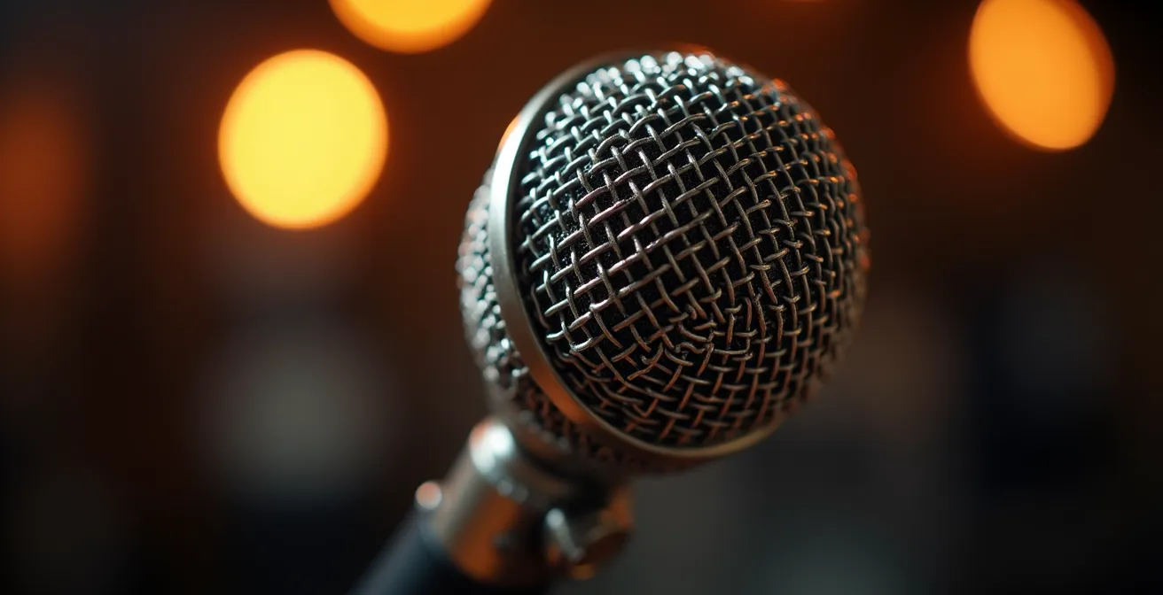 Primer plano de micrófono profesional de radio con ondas sonoras visualizadas artísticamente