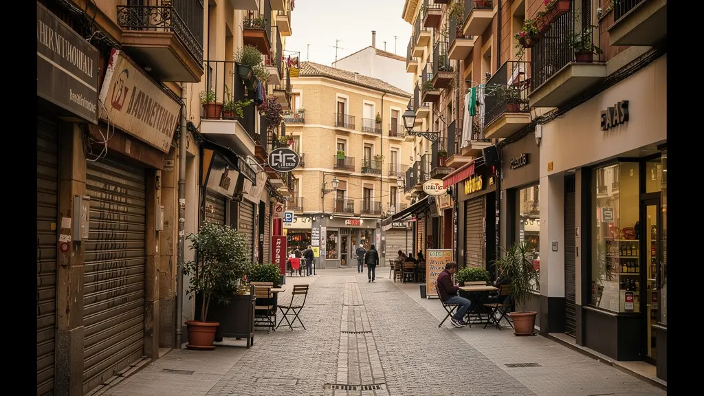 Calle comercial de barrio madrileño en desarrollo con terrazas y comercios, representando zonas emergentes del mercado inmobiliario