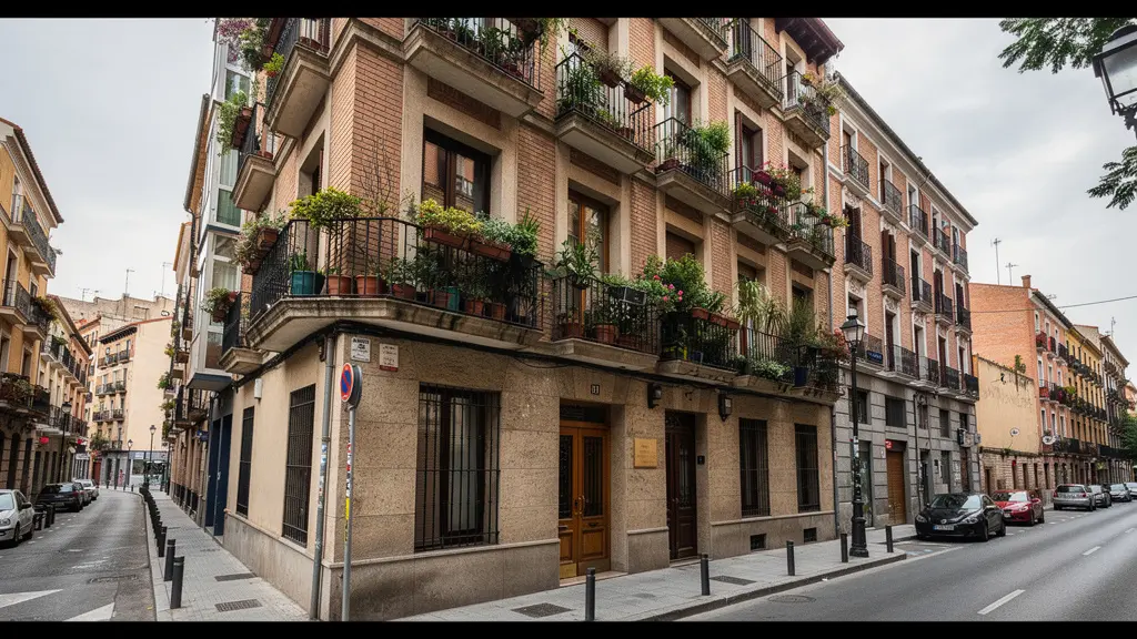 Fachada de edificio residencial rehabilitado en barrio madrileño con balcones y plantas, muestra de revalorización inmobiliaria