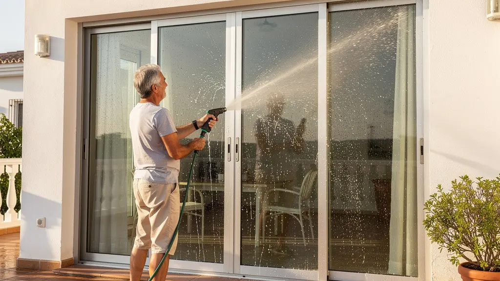 Propietario limpiando puerta corredera de aluminio con manguera en jardín mediterráneo
