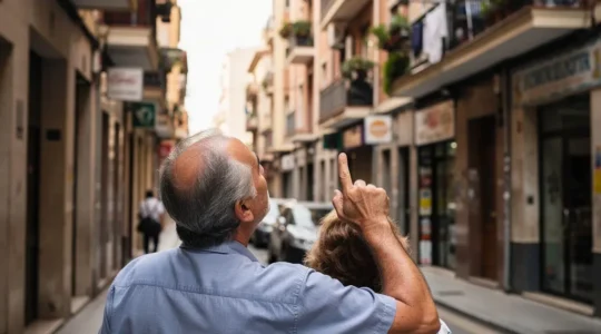Pareja evaluando fachada de edificio residencial en calle urbana española para elegir agencia inmobiliaria