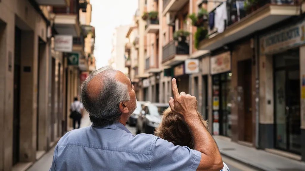 Pareja evaluando fachada de edificio residencial en calle urbana española para elegir agencia inmobiliaria
