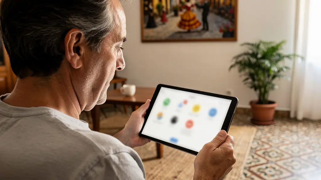 Propietario consultando valoración inmobiliaria de su vivienda en tablet en un salón madrileño típico