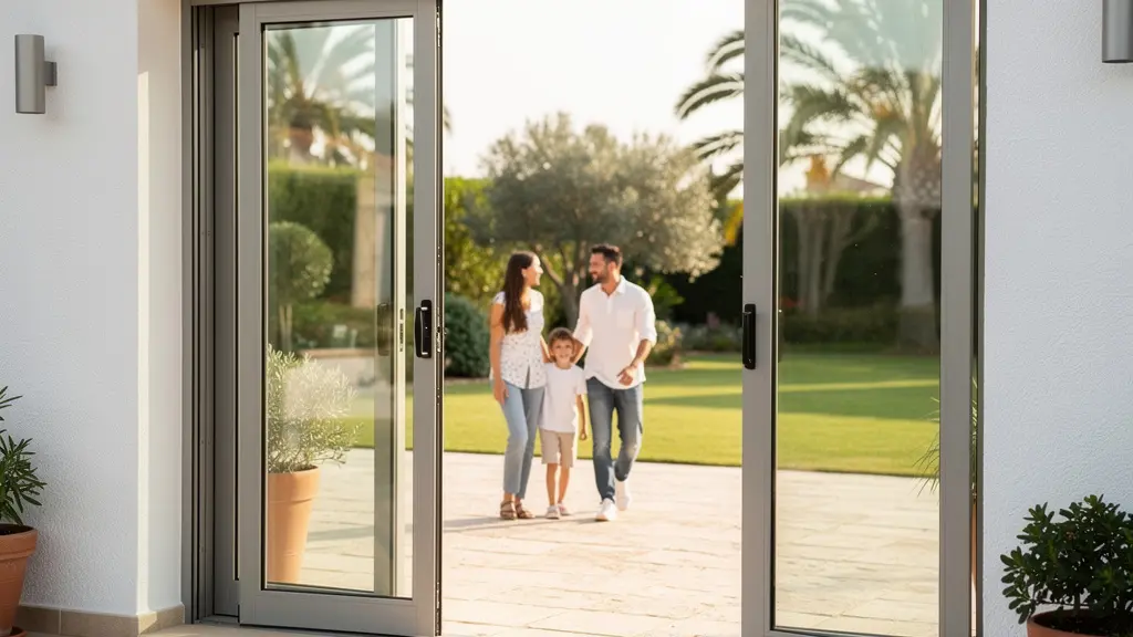 Puerta corredera de aluminio en vivienda mediterránea española con jardín