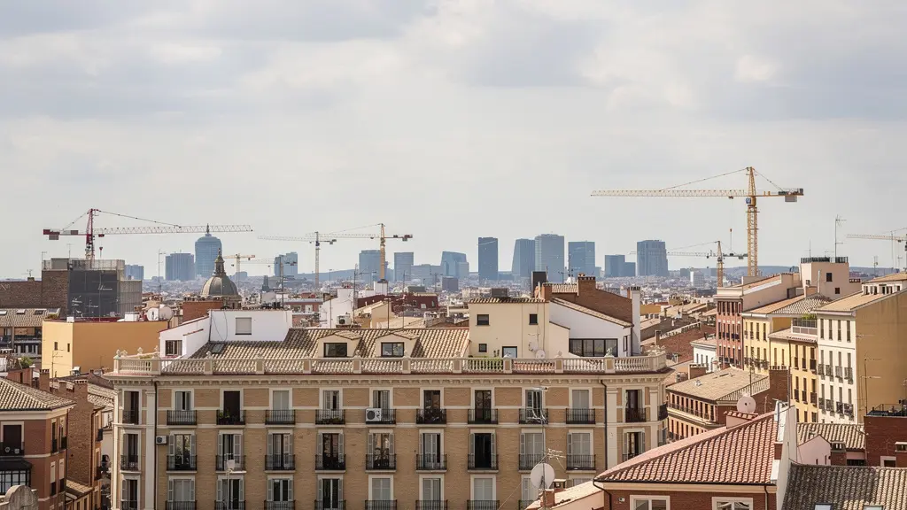 Vista panorámica del skyline de Madrid mostrando grúas de construcción y edificios residenciales en transformación del mercado inmobiliario