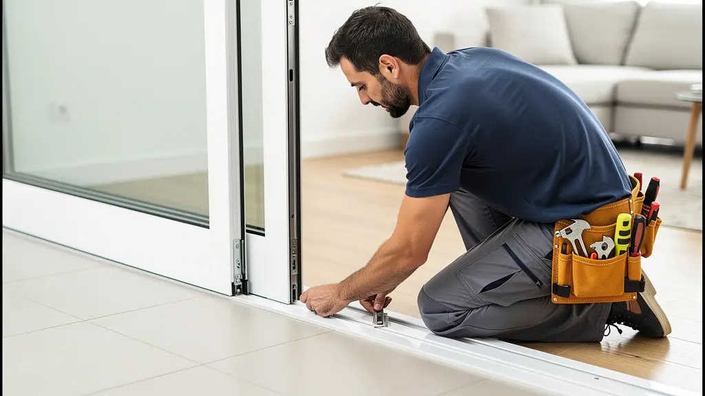 Técnico revisando mecanismo de raíles de puerta corredera de aluminio