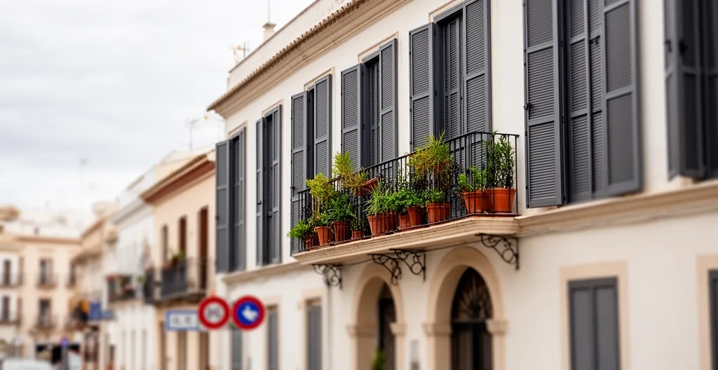 Fachada de vivienda mediterránea con contraventanas de aluminio cerradas para aislamiento acústico