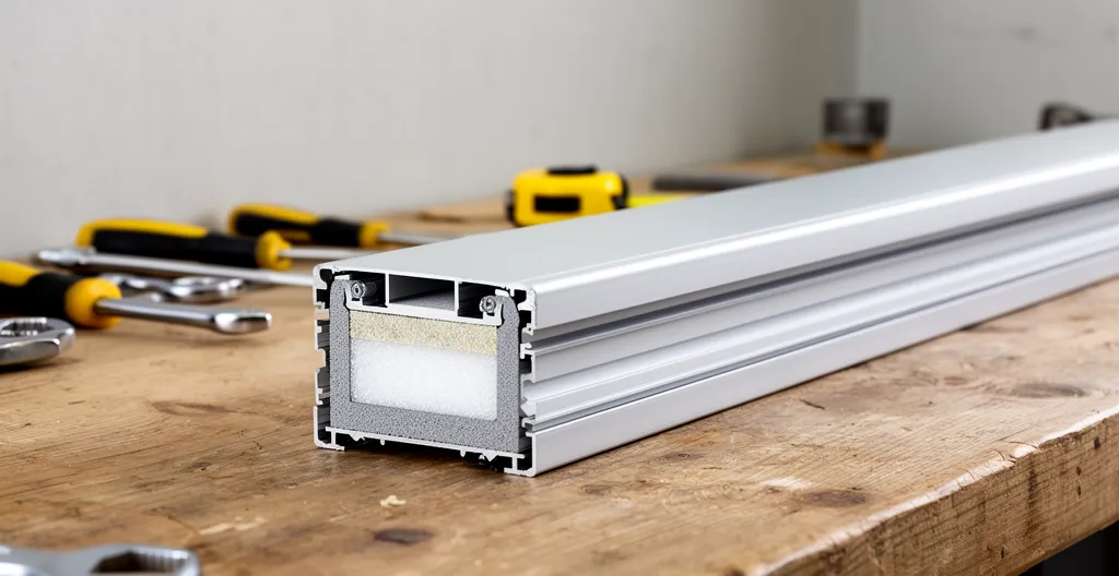 Sección transversal de contraventana de aluminio mostrando capas de núcleo aislante